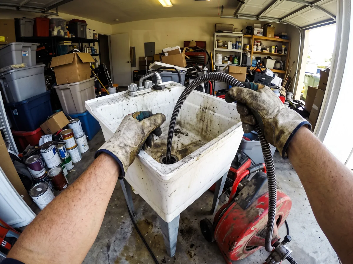Technician feeding a drain cable into a garage utility sink