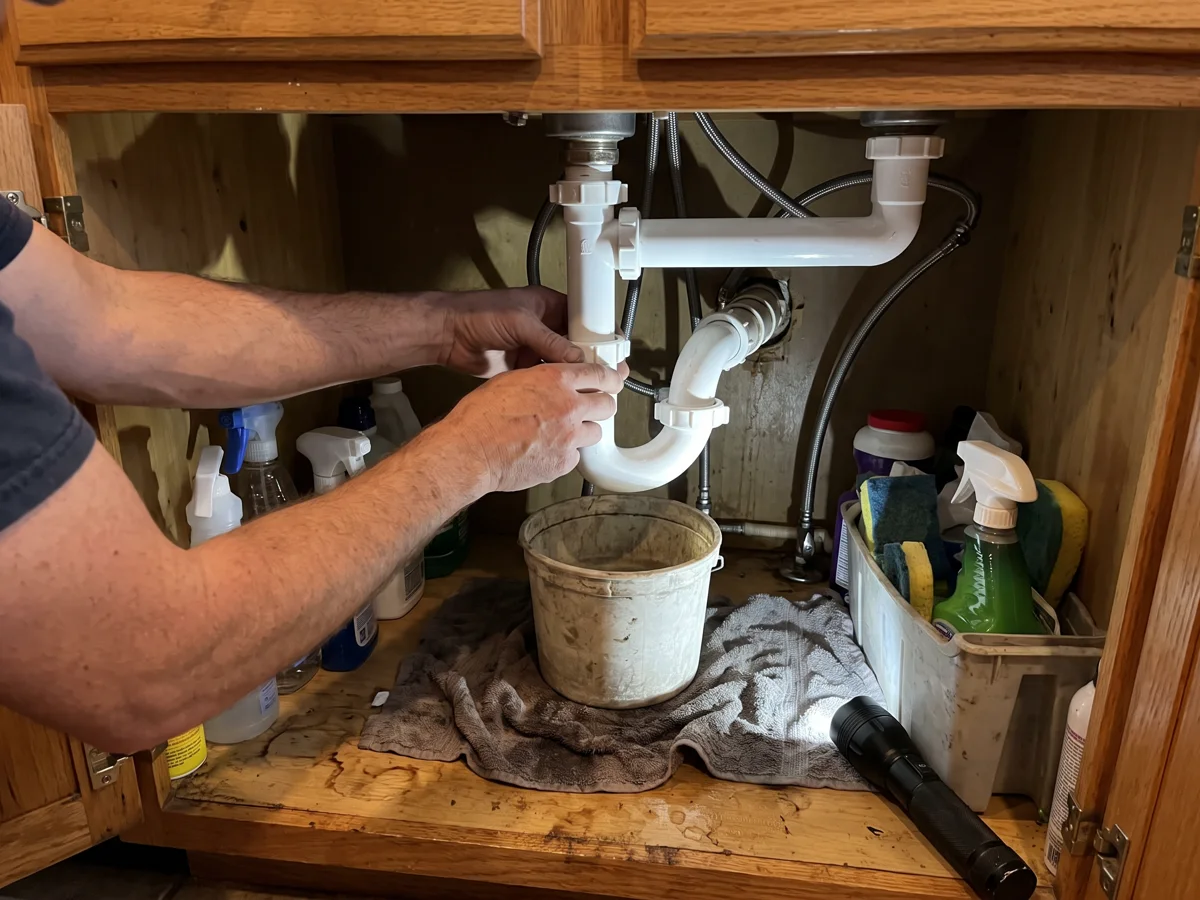P-trap being reconnected under a kitchen sink